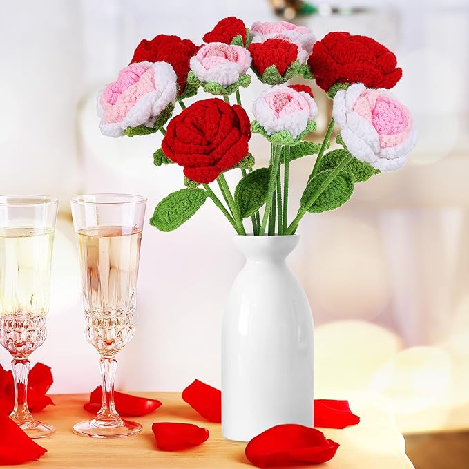 YoungJoy 12 Pcs Crochet Rose Handmade Knitted Flowers Tulip Sunflower Daisy Heart Artificial Knitted Floral Mother Day Graduation Home Decor(Mixed Red Pink Rose)