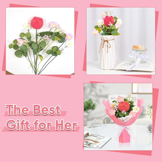 Crochet Flowers Bouquet Crochet Tulip Flower Pink Crochet Knitted Flowers for Teacher's Day Mother's Day Valentine's Day Birthday Home Decor(Medium-Pink Tulip)