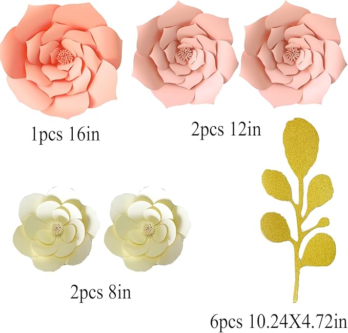 3D Artificial Paper Flower Decorations Need Assembled Pink Roses Flowers with Leaves Wall Backdrop Decor (Beige Pink Set) Wedding Bridal Shower Nursery Decor Centerpieces Wall Flowers Backdrop