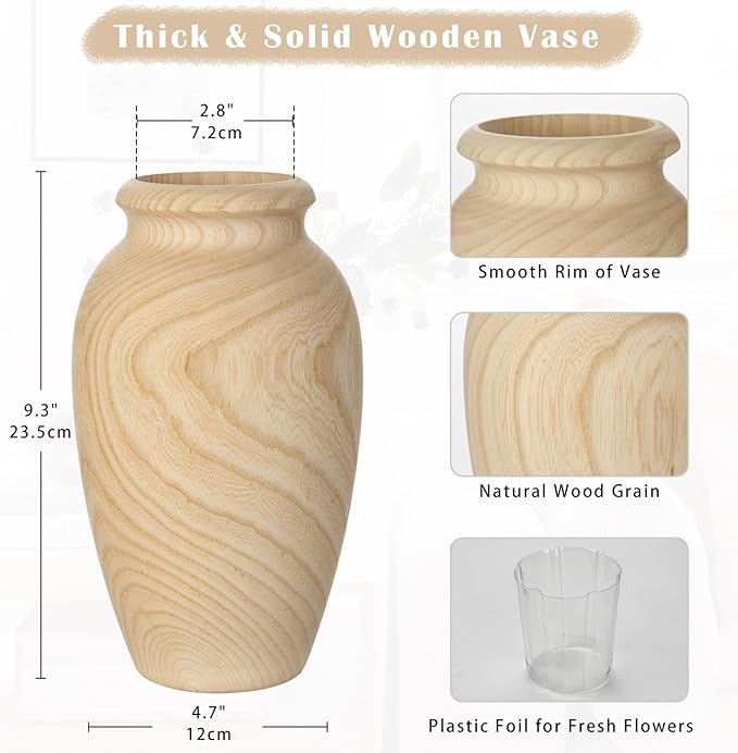 9" Tall Handmade Wooden Flower Vase, Large Wood Vase Decoration for Flower Arrangement Home Decoration