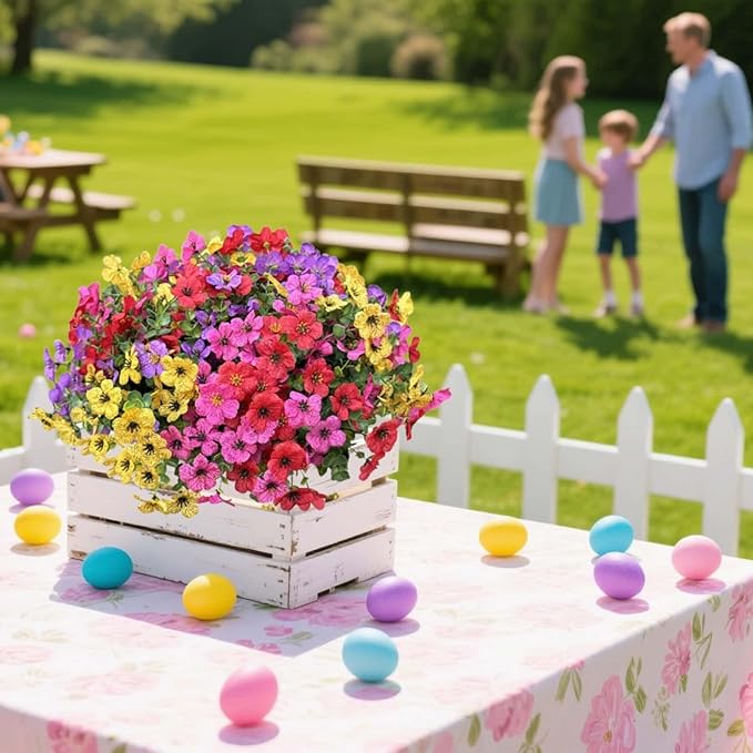 Artificial Flowers Outdoor UV Resistant Fake Plants, 12 Bundles Silk Daisy in Pots for Porch Patio Garden, Faux Potted Home Decor for Outside (Mix Pink, Red, Purple, Yellow)