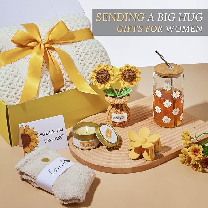 Birthday Gifts for Women, Christmas Self Care Get Well Gifts Baskets for Women, Sending Sunshine Sunflower Care Package, Thinking of You Thank You Inspirational Gift for Friend, Mom, Sister, Wife
