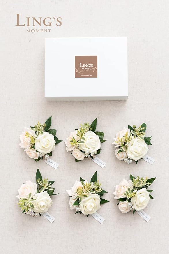 Ling's moment 6pcs Wedding Wrist Corsage Artificial Flowers, Girl/Mother Homecoming Prom Corsages Wristlet Décor, etc. White Ivory