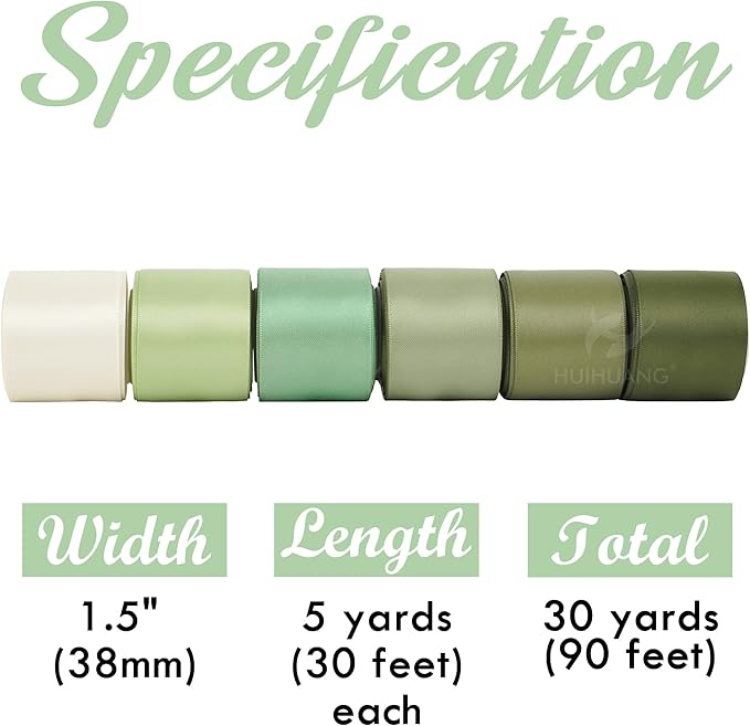 HUIHUANG Green Satin Ribbon 1-1/2 inch Ivory/Sage Green/Dusty Sage/Moss Green Double Face Satin Ribbons for Flower Bouquet, Gift Wrapping, Bows, Crafts, Eternal Rose- Total 30 Yards