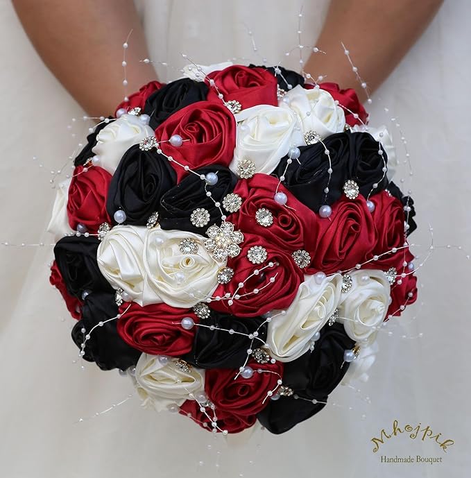 Bridal Wedding Bouquet Round Bling Brooch Bouquet Throw Toss Artificial Rose Flower Bunch for Bride Bridesmaid Wedding Quinceanera(Ruby Red, Black & Ivory, 6.3")