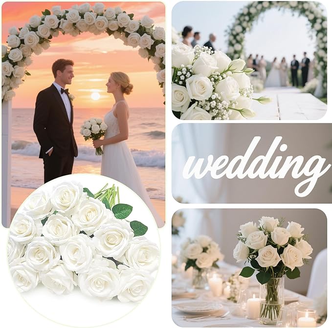 White Roses Artificial Flowers 15 PCS, Fake Roses Silk Flowers with Long Stems, Faux Rose for Wedding Centerpieces, Home Decor, Indoor Floral Arrangements, Party Decor, DIY Bouquet (White)