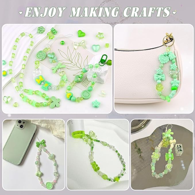 Assorted Acrylic Beads, 200-260PCS Green Cute Beads for Bracelet Making, GummyBear Bow Flower Candy Kawaii Charms for Jewelry Making DIY Necklace Keychain Phone Charm Christmas Gift