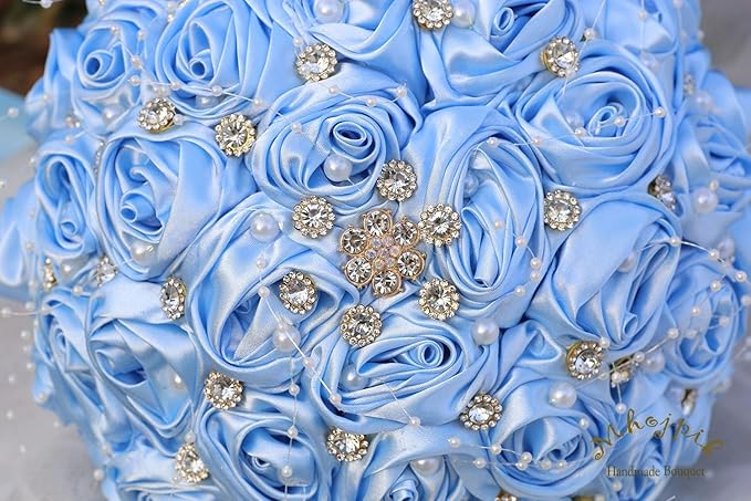 Bridal Wedding Bouquet Round Bling Brooch Bouquet Throw Toss Artificial Rose Flower Bunch for Bride Bridesmaid Wedding Quinceanera(Light Blue, 8.7")
