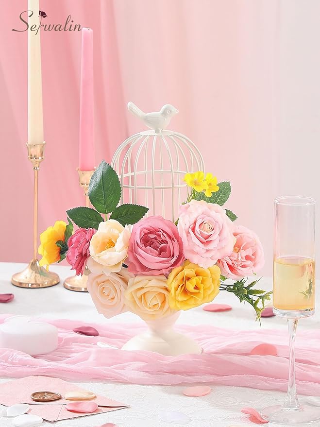 Serwalin Pink Artificial Flowers, Yellow Silk Fake Flowers for DIY Wedding Bridal Bouquets, Wedding Cake Flowers for Table Centerpieces Baby Shower Birthday Party Home Decorations