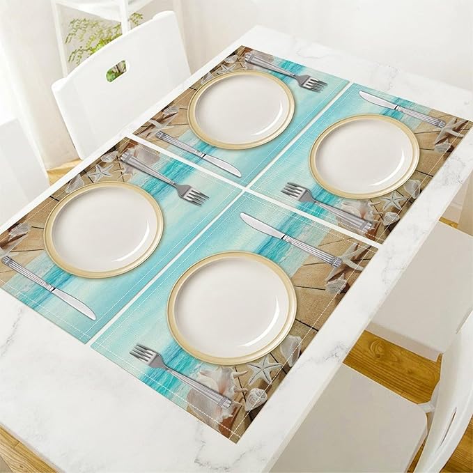Beach Placemats Set of 4 Summer Nautical Coastal Seashell Art Printed Dining Table Mats for Restaurant Home Kitchen Holiday Decor 12x18in
