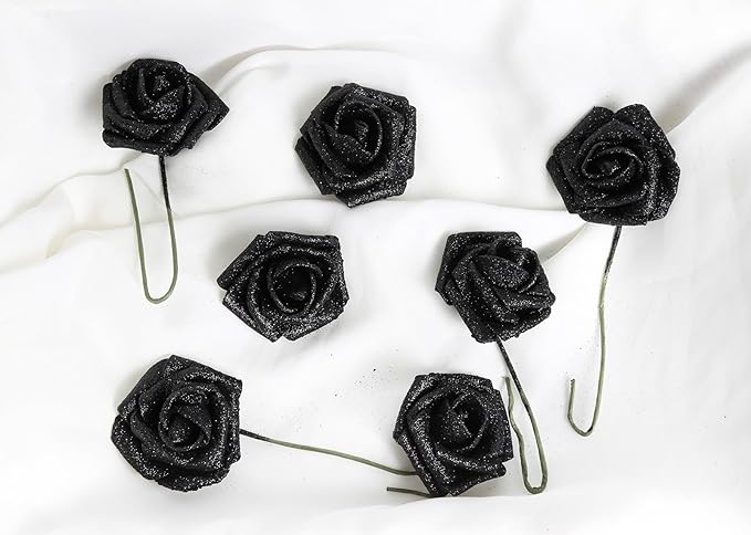Black Flowers Glitter Rose 30 Pcs Artificial Flowers Glitter Flowers Foam Roses with Stem Faux Flowers for DIY Wedding Bridal Bouquet Party Centerpieces Decor(Black)