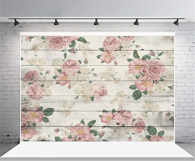 AOFOTO 8x6ft Vintage Floral Wooden Plank Backdrop Retro Wood Board with Pink Roses Photography Background Mother's Day Lady Girl Woman Portrait Wedding Birthday Party Supplies Photo Studio Props