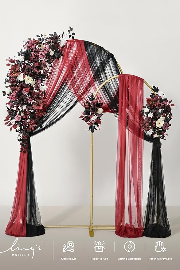 Ling's moment Wedding Arch Backdrop Stand with Flowers - 7.2FT, 6FT Set of 2 Metal Arch Frame with Drapes for Ceremony Decoration - Artificial Floral for Birthday Party, Baby Shower, Black Burgundy