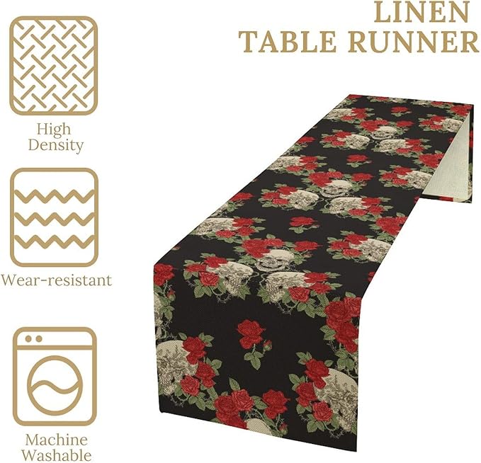 Gothic Table Runner,Red Rose Skull Print Table Runner for Home Kitchen Table Dining Garden Farmhouse Wedding Party Decor 13x70 Inch