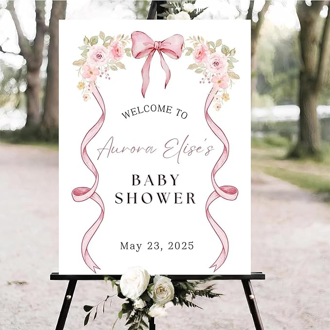 Personalized Pink Bow Baby Shower Welcome Sign, Custom Minimalist Bow Baby Girl Party Sign, Baby's Shower Gifts, Birthday Gifts, Gender Reveal Decorations, Newborn Announcement Party Supplies - 16