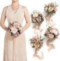 Ling's moment Champagne Gold Bridesmaid Bouquet Set of 4, Gold & Cream Wedding Bouquets for Bridesmaids, Sand Dun 7 Inch Bridal Bouquets for Bridesmaids, Wedding, Ceremony, Anniversary, etc.