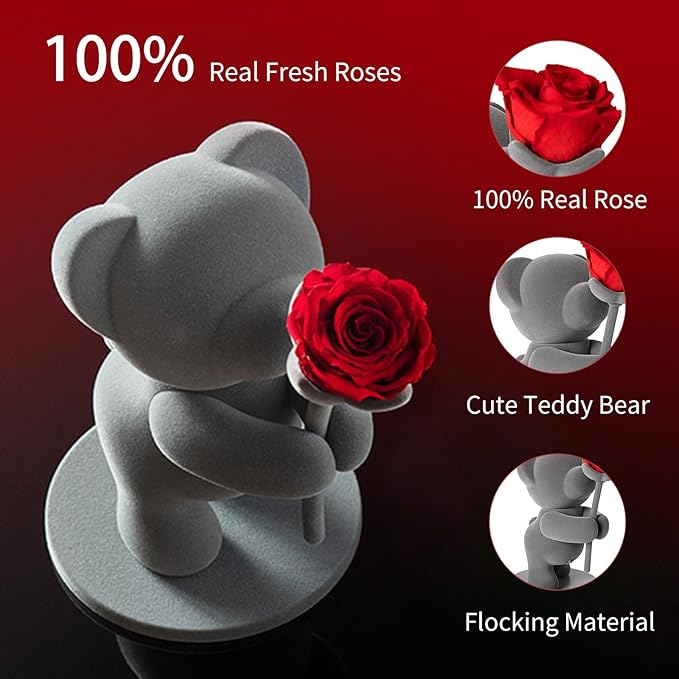 JoyFlower Preserved Flowers with Cute Teddy Bear, Eternal Real Rose Romantic Gift with Elegant Gift Box for Girlfriend Wife Her in Valentine's Day, Birthday, Christmas, Weddings, Anniversaries