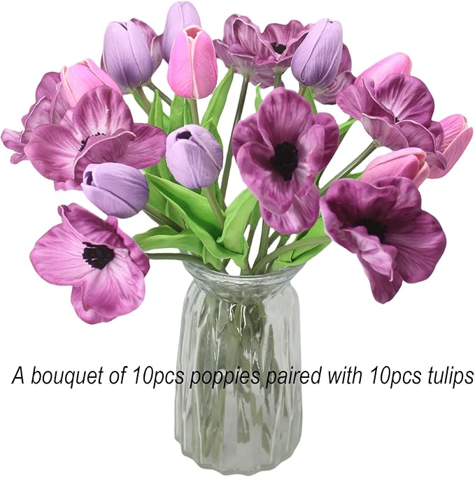 Artificial Flowers 10 Heads Mini Real Touch Artificial Tulip for Home Wedding Party Centerpiece Decoration (Mixed Purple)