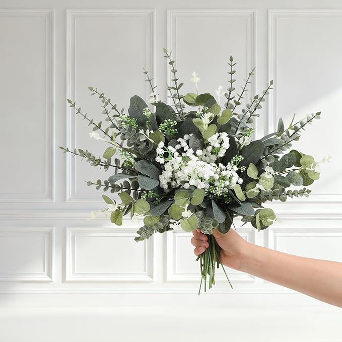 60 Pcs Mixed Artificial Eucalyptus Leaves Stems Bulk,Baby Breath Artificial Flowers Bulk with Eucalyptus Leaves Greenery Stems for DIY Bouquets Wedding Floral Home Decor (Green-60pcs)