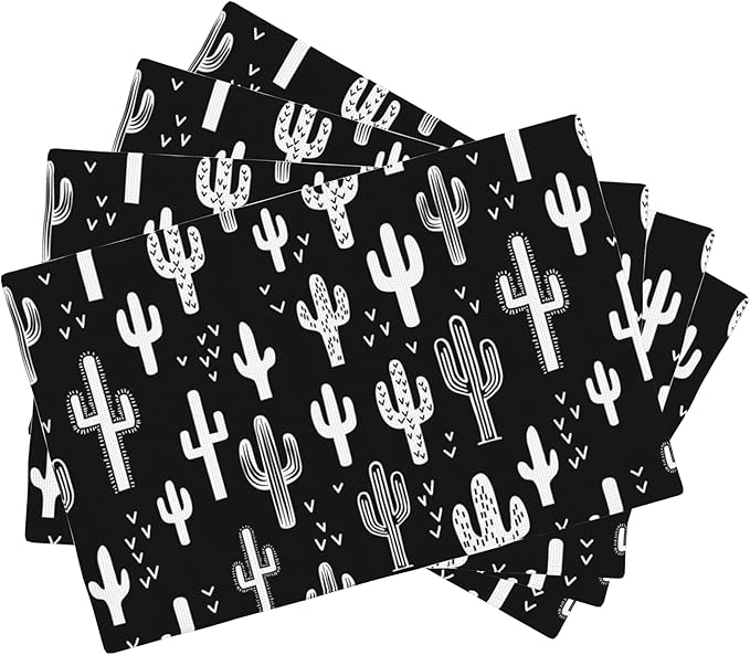 Retro Cactus Placemats Set of 4,Black and White Placemats Dining Table Mat Set,12x18 Washable Stain Resistant Wipeable Cloth Placemat for Kitchen Buffet Parties