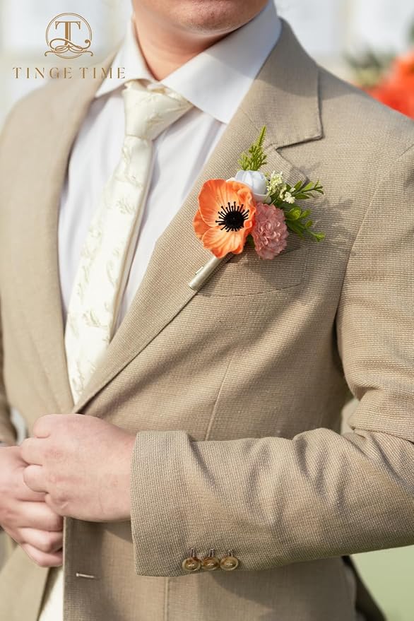 TINGE TIME Boutonniere for Men Wedding,Groom and Best Man Boutonniere for Wedding Ceremony Anniversary, Formal Dinner Party and Rustic Spring Wedding Marriage (10, CoralPink&Champagne)