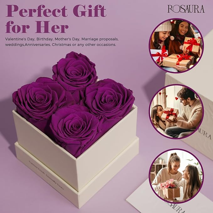 Rosaura 4-Piece Eternal Preserved Roses & Flowers Gift Box - Forever Lasting Real Roses, Preserved Flowers for Valentine's Day Purple