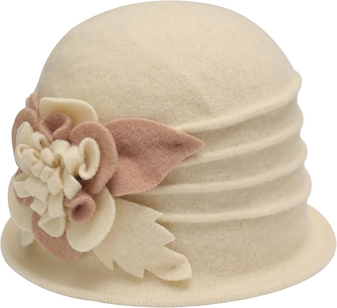ZLYC Women Wool Cloche Bucket Hat 1920s Vintage Dress Winter Hats with Flower Accent