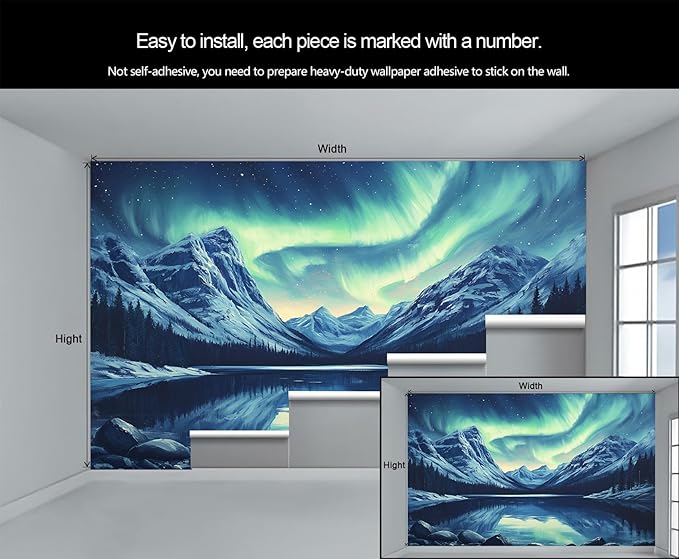 Northern Lights Mountain Wall Mural, Aurora Borealis Lake 3D Wall Murals, Snowy Peaks Starry Sky Wallpaper Mural, for Living Room Bedroom Large Wallpaper Indoor Decor 157.5" W x110.3 H