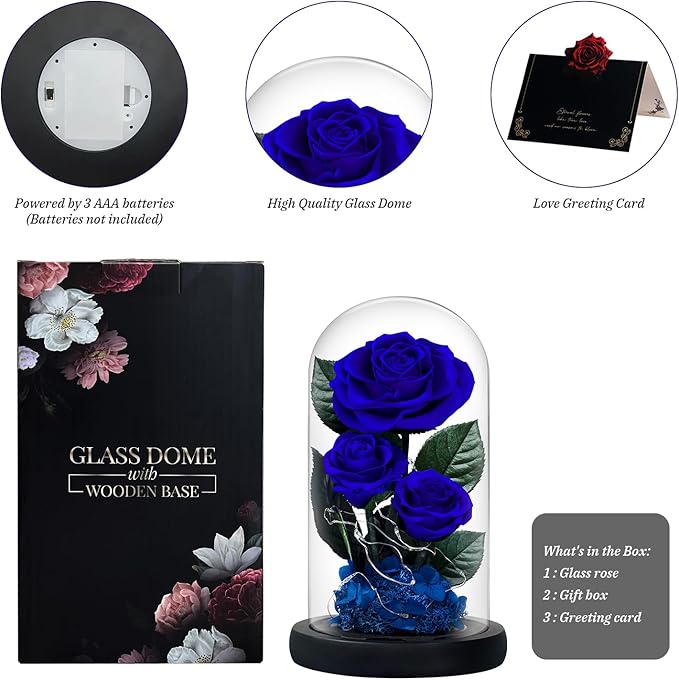 3 Preserved Flowers Roses in Glass Dome with Light for Beauty and The Beast Decor Real Rosas Eternas for Women Mom Birthday,Forever Blue Roses for Delivery,Christmas for Wife Girlfriend Her