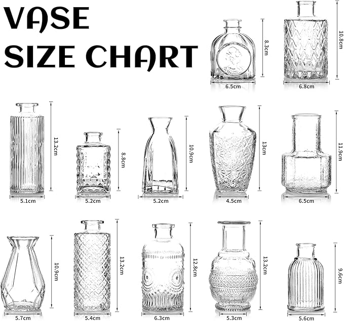 Bud Vases Set of 12, Small Mini Glass Vases for Centerpieces - Elegant Vintage Style - Perfect for Table Decor, Wedding, Party Centerpieces - Great Gift for Home Decor Lovers (Clear)