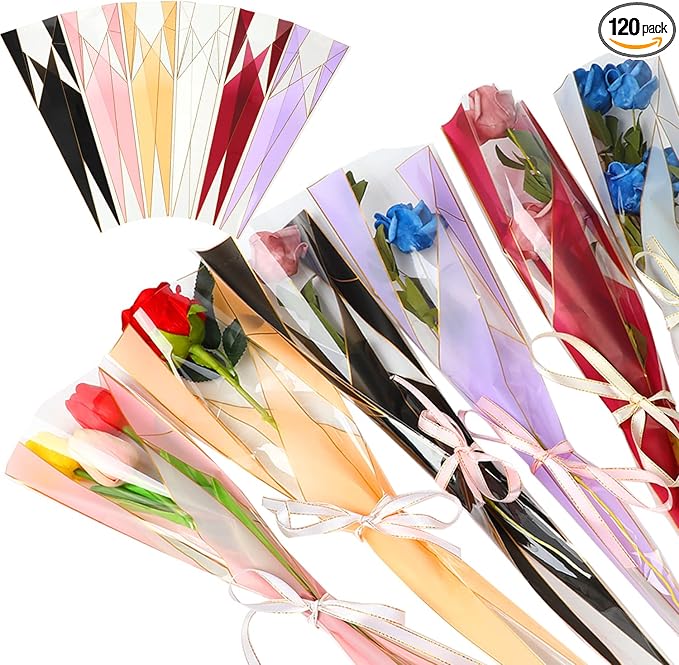 FOIMAS 120pcs Single Flower Sleeves Wrapping Bags Single Rose Florist Bouquet Packaging Bags for Floral Arrangement Supply Wedding Valentine's Day Mother's Day