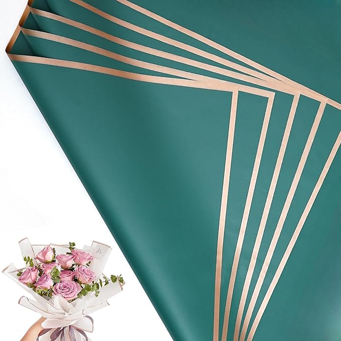 30 Sheets Emerald Green Gold Edge Flower Bouquet Wrapping Paper，Florist Supplies Waterproof Floral Bouquet Wrapping Paper Bouquet Accessorie，Flower Shop Packaging Pape for DIY Gift Wedding Birthday