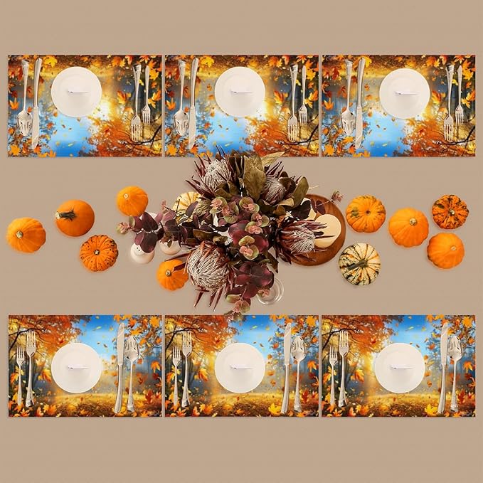 Forest Tree Fall Leaf Placemats Set of 1 PVC Vinyl Non Slip Table Mats Heat Resistant Place Mats Washable Wipeable Dining Table Mat for Kitchen Decor Party Indoor Outdoor Decorative Gift