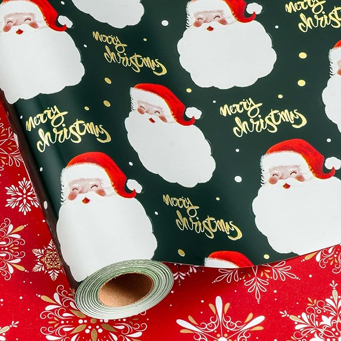 MAYPLUSS Christmas Wrapping Paper Roll - 17IN X 33FT - Green Gift Wrap Paper Featuring Santa Claus Gold Merry Christmas Reversible Snowflake for Kids, Holiday, New Year
