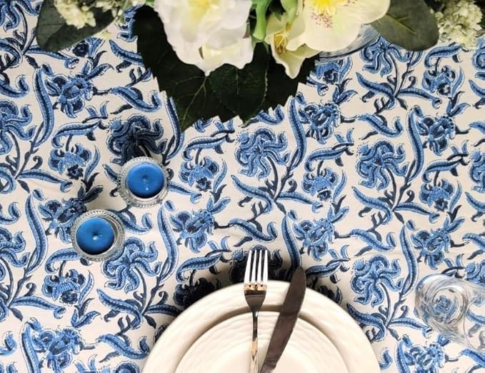 ATOSII Midnight Bloom 100% Cotton Spring Summer Tablecloth, Hand Block Print Rectangle Table Cover for Kitchen Dining Linen I Parties, Outdoors, Wedding, Easter I 72 X 108 Inches I 8 Seater