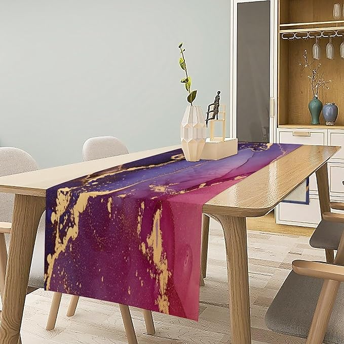 Purple Marble Table Runner Natural Abstract Luxury Ink Texture Gold Veins Red Printing Seasonal Dinner Runner Table Decoration for Farmhouse Home Kitchen Dining Holiday Party 13x60in