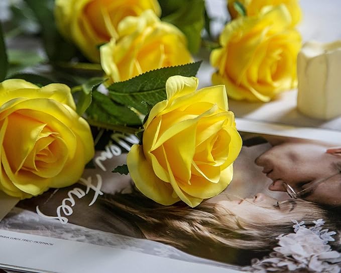 DuHouse 10pcs Fake Roses Artificial Silk Flowers Faux Rose Flower Long Stems Bouquet for Arrangement Wedding Centerpiece Party Home Kitchen Decor(Pure Yellow)