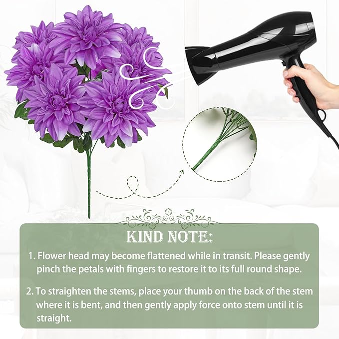 Hollyone Purple Artificial Dahlia Flowers Bush 7 Heads Silk 15.7" Fake Dahlias Flowers Wedding Bouquets Faux Dahlia Flowers Floral Arrangements for Outdoor Indoor Party Table Centerpieces Home Decor
