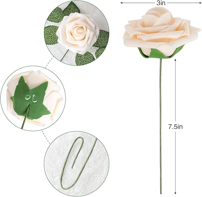 AmyHomie Artificial Flower Champagne Rose 25pcs Real Looking Fake Roses w/Stem for DIY Wedding Bouquets Centerpieces Arrangements Party Baby Shower Valentines Day Christmas Tree Decorations