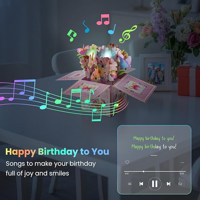 3D Pop Up Birthday Cards with Music, LED Light Musical Happy Birthday Gift Box for Women, Flowers and Butterflies Handmade Foldable Flower Box with Envelope for Mom Wife Daughter Sister