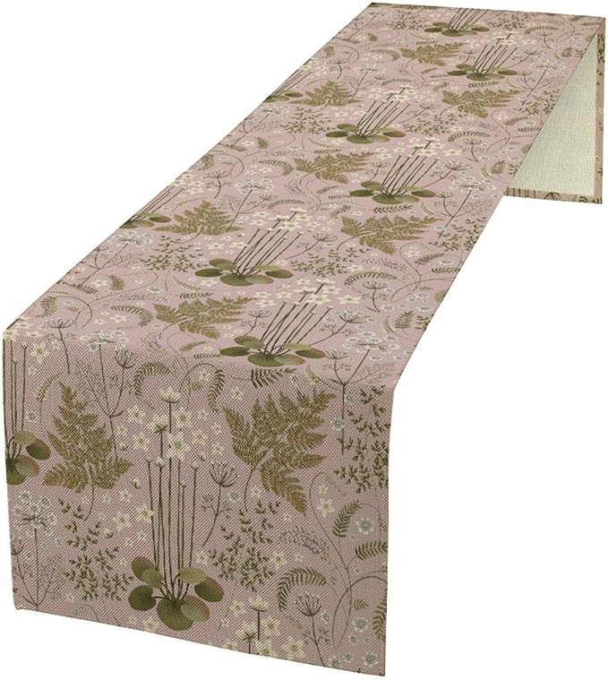 Spring Floral Table Runner, Rustic Retro Field Herbal Plant Purple Pink Wildflower Country Natural Floral Fern Print Table Cover for Indoor Outdoor Dinner Party Decor, 13x108inch