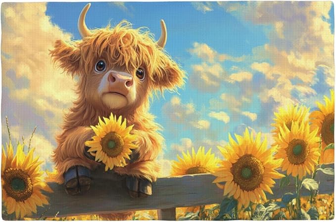 Cute Highland Cow Placemats Set of 6 Washable Table Mats Summer Yellow Sunflower Heat-Resistant Cotton Linen Place Mats for Dining Table Kitchen Indoor Outdoor Party Holiday Decor