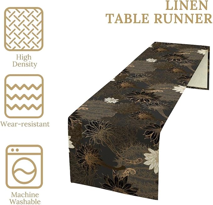Vintage Floral Table Runner,Black Gold Floral Art Print Table Runner for Home Kitchen Table Dining Indoor Outdoor Party Decor 13x120 Inch