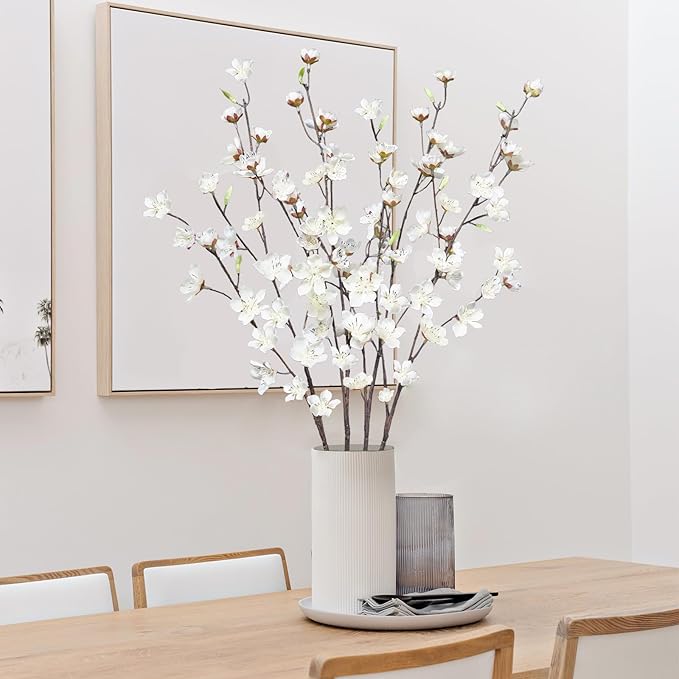 4pcs Artificial Cherry Blossom Flowers 28‘’ Tall Silk Cherry Blossom Branches Faux White Peach Stems for Wedding Home Garden Vase Decor