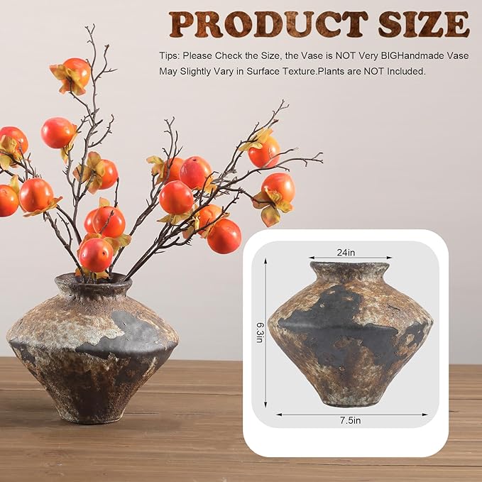 Wabi Sabi Style Ceramic Vase Brown Ceramic Rustic Vase for Wabi Sabi Style Decor Table Centerpiece, Home and Living Room Decoration, Shelf Decor, Mantel, Dinner Table Office Decorations
