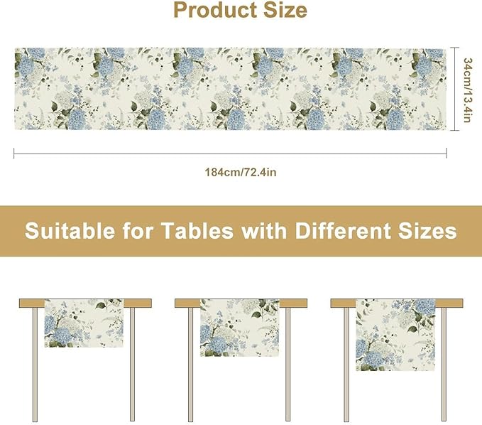 Blue Floral Table Runner, Spring Summer Watercolor Hydrangea Flower Butterfly Country Farmhouse Coffee Table Center Decor for Home Kitchen Dining Patio Holiday Party Table Decorations 13x36 inches