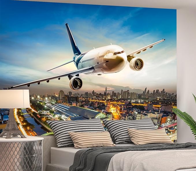 Cliouar-Airplane Flying Over The Night City Wall Mural Wallpaper Peel and Stick 160" x 114"