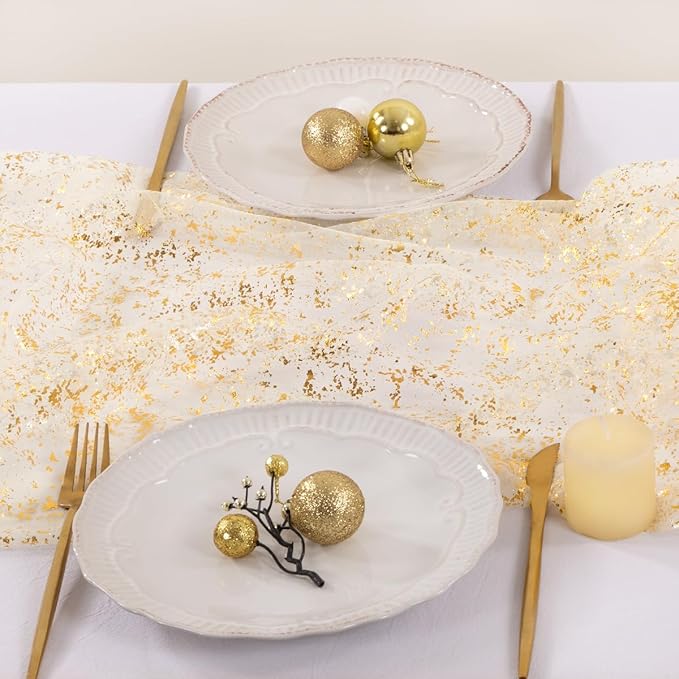 Socomi Gold Table Runner Christmas Gauze Sheer Chiffon Cheesecloth Sequin 10FT Glitter Metallic Foil Dining Wedding Birthday Party Fall Winter Anniversary Holiday Centerpiece Table Decor Beige