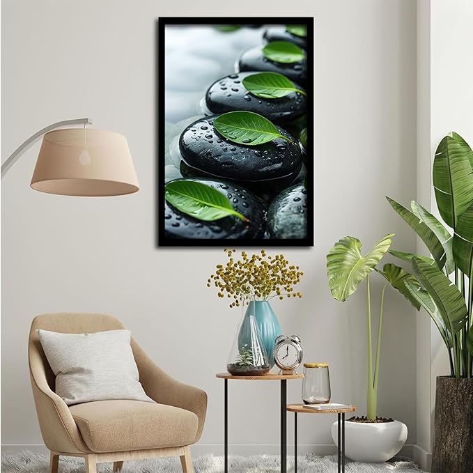 Glittering black stone cluster with fresh green leaves and water drops poster tranquil mist rain wall art zen wall art suitable for modern minimalist home decor 16x24in Metal blackFramed