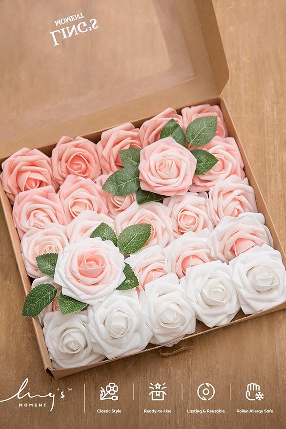 Ling's moment Artificial Flowers, 25Pcs 3" Roses in Shimmer Peach Shades, Realistic DIY Foam Floral Fill for Wedding Bouquets/Centerpieces, Outdoor Party Backdrops, Room/Table, Garden/Pot Decorations